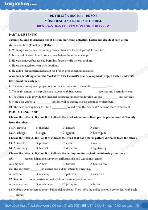 Đề thi giữa kì 1 Tiếng Anh 12 Friends Global - Đề số 7